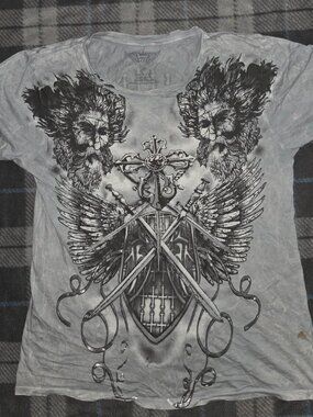 y2k 2000s affliction style double sided graphic t shirt foil print